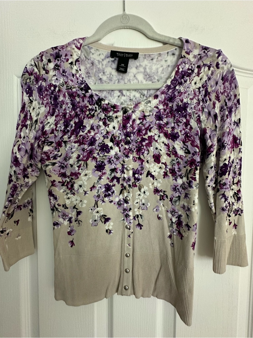 White House Black Market Cream and Purple Floral Button-Up Cardigan